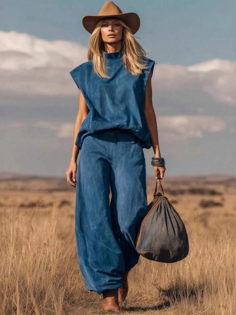 Conjunto de gamuza estilo oeste 2026, sin mangas, pantalones anchos con bajo ajustado - Azul oscuro - Ver 1