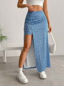 Falda larga con diseño floral pequeño y abertura en el dobladillo - Azul - Ver 5