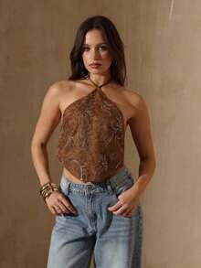 Glamour Nuevo top de verano bohemio de mujer para vacaciones, con escote halter sin espalda y tela con cuentas especiales en la espalda.Vestido de vuelta al colegio, vestidos de mujer para salir, tops de mujer estilo Y2K lindos - Marrón - Ver 4