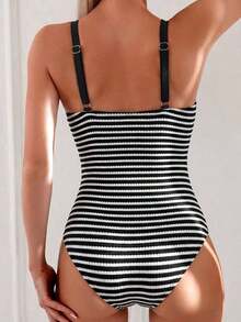 Swim Chiccia Nuevo traje de baño de una pieza elegante de unicolor, exquisito, para mujeres, para playa, natación y spa, temporada primavera/verano 2026 - Blanco y Negro 3 - Ver 2