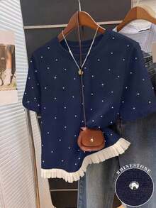 1 pieza Camiseta de moda para mujer con flecos, seda de leche de 180g - Azul marino 2 - Ver 5