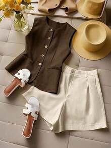 Conjunto de chaleco sin mangas y shorts para mujer, conjunto cómodo de vacaciones - Multicolor 5 - Ver 1