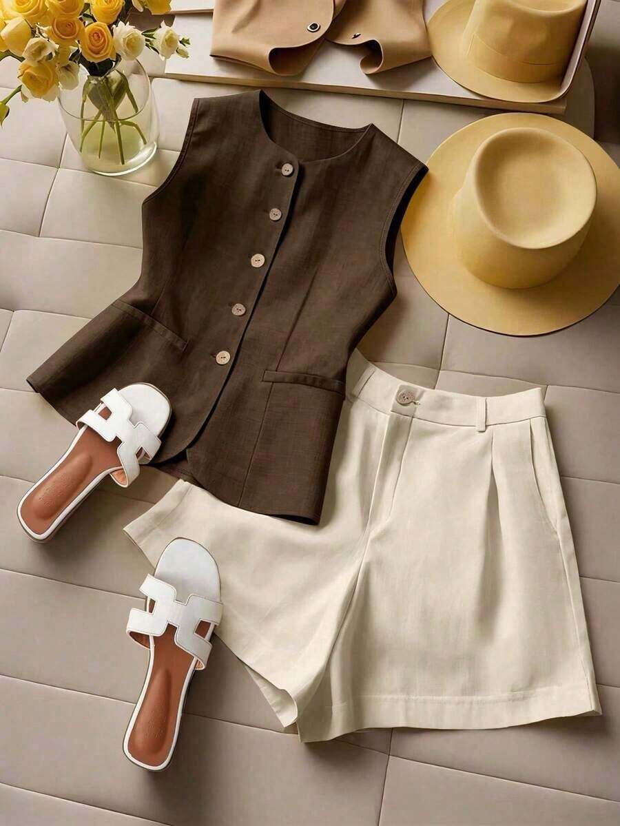 Conjunto de chaleco sin mangas y shorts para mujer, conjunto cómodo de vacaciones - Multicolor 5 - Ver 1
