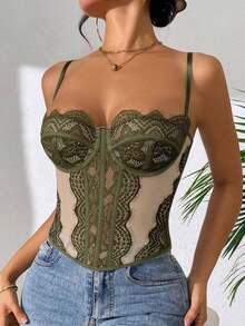 1 pieza Parte superior corta ajustada con adorno de encaje para mujer, top corset ajustado y sexy, adecuado para fiesta, viaje, reunión, Navidad, San Valentín, verano casual negro - Verde - Ver 2