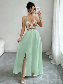 Vestido largo con abertura, escote en V, estampado floral, espalda elástica, diseño elegante y casual para uso diario, vacaciones y días festivos - Verde - Ver 7