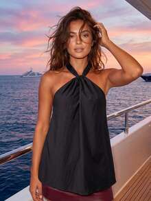 Women Tie-Up Halter Tops Loose Solid Color Sleeveless Open Back Ruffled Shirts Stylish Summer Streetwear - Black - View 5