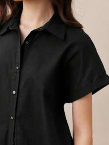 Nueva llegada Camisa casual de manga corta con botones delanteros de unicolor, adecuada para uso diario, primavera/verano - Negro - Ver 7