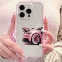 1pc Pink Frame Transparent Minimalist Lens Protective Anti-Drop Anti-Collision Sports Car Pattern Phone Case, Compatible With Apple 17/17Pro/17Promax/16/16Pro 16 Pro Max/15/14 Plus, 13/12/11, Air Phone Case - Pink - View 5