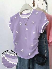 lanzamiento de verano, top corto versátil y casual con estampado de limón dulce, camiseta ajustada a la cintura para mujer, diseño cómodo, adecuado para uso diario, al aire libre, compras - Morado - Ver 6