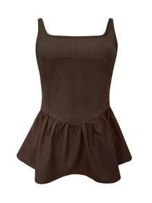 Camiseta de tirantes plisada marrón para mujer (elástico de 4 vías) - Café integral - Ver 3