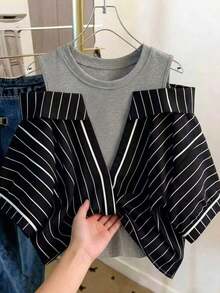 Conjunto de vacaciones para mujer con camisa a rayas de dos piezas falsa - Negro - Ver 1