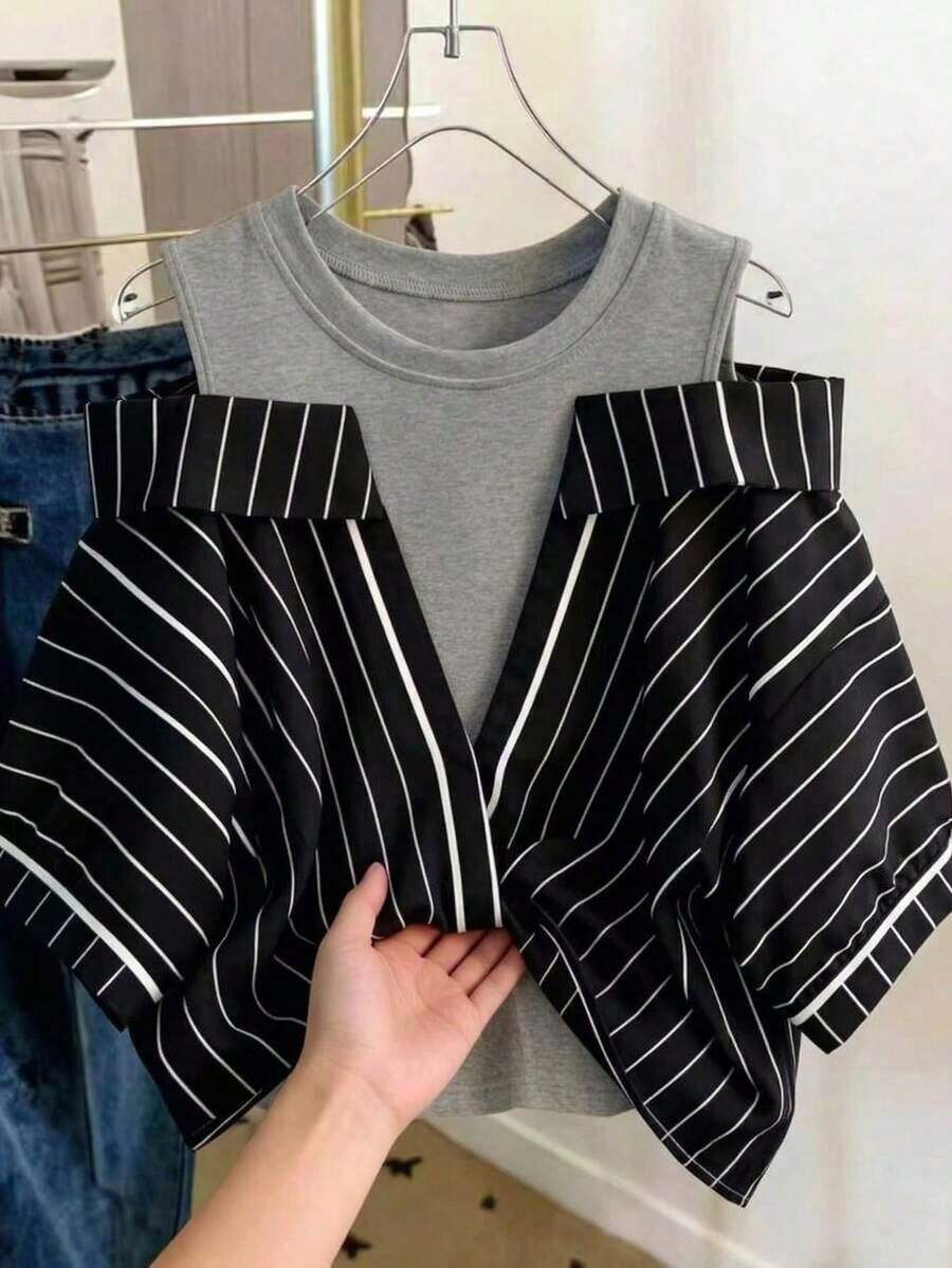 Conjunto de vacaciones para mujer con camisa a rayas de dos piezas falsa - Negro - Ver 1
