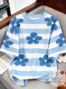 Camiseta de mujer de cuello redondo con estampado de contraste de color degradado de fresa, para verano - Multicolor 3 - Ver 3