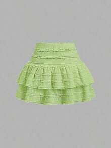 Falda mini casual y de resort Y2K con dobladillo de doble capa y ribete de volantes de unicolor - Verde - Ver 2
