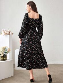 Vestido largo con cuello cuadrado, mangas farol y estampado floral para mujer - Negro - Ver 2