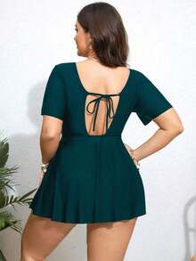 VCAY Vestido de traje de baño informal con cuello en V y cordón ajustable, de manga corta, para mujer de talla grande, a juego con la Bottom - Verde Oscuro - Ver 2