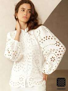 Nueva llegada Blusa de manga larga con bordado, estilo francés casual, con pliegues y calados en la parte delantera - Blanco - Ver 9