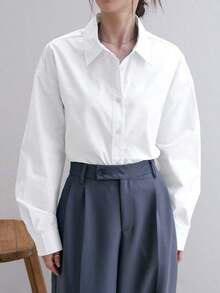 -Less Camisa de mujer de manga larga de un solo pecho, de unicolor, de hombros caídos, para uso casual y de negocios - Beis - Ver 6