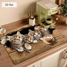 1pc Dish Drying Mat, Coffee Machine Pad, Cartoon Cat Pattern Absorbent Placemat, Faux Wood Grain Background, Suitable For Home And Cafe Use, Multipurpose Drainage Mat, Household Gift, Tabletop Decor - XYLSD-335 - View 4