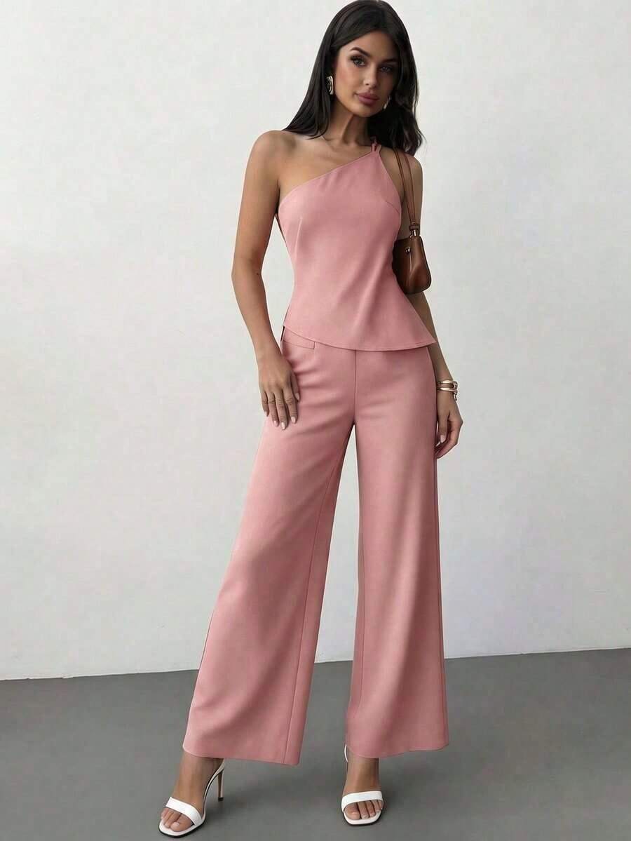 Nueva llegada Primavera/Verano Elegante Top casual de lino color albaricoque con cintura fruncida, bajo asimétrico y espalda descubierta - Rosa - Ver 1