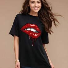 Camiseta de verano de estilo americano con cuello redondo, estampada, de manga corta, holgada, casual, de corte ajustado, a la moda, estilo europeo y americano. - Negro - Ver 6