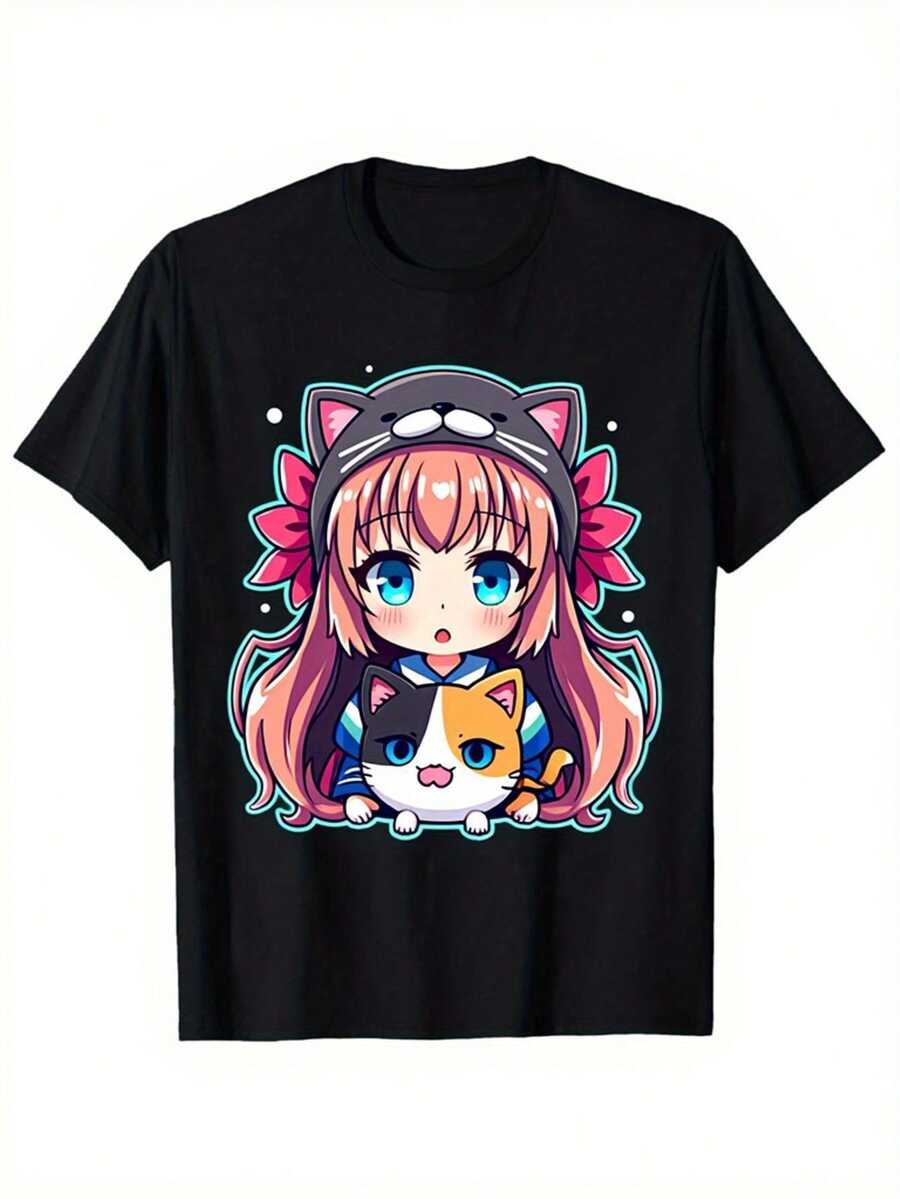 Printed T-Shirts Featuring Anime Girls And Kittens With Cat Ears Are Designed In A Cute Japanese Manga Style. This Soft And Breathable Unisex Casual Shirt Is Perfect For Both Men And Women. - 黑色 - 查看 1