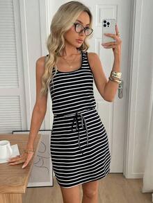 LUNE Vestido mini casual sin mangas con cintura anudada a rayas para mujer, nuevo vestido de llegada para mujer, vestidos casuales de verano para mujer, nuevo vestido de llegada para mujer casual, vestidos casuales de verano para mujer, atuendo para mujer, atuendos de playa, atuendos para salir, atuendos de vacaciones, atuendos de verano para mujer, atuendo para concierto de campo - Negro - Ver 7