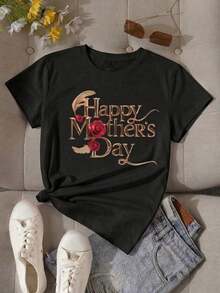 100% Cotton Women's Short Sleeve Shirt With Round Neck And Rose Print, Casual Black, For Mother's Day - 黑色 - 查看 10