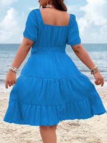 Clasi Vestido corto de manga corta en color burdeos de uso diario, sencillo y liso para mujeres de talla grande - Azul - Ver 2