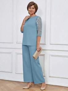Conjunto de 2 piezas de top de manga larga y pantalones con empalme de malla bordada con lentejuelas de unicolor elegante para mujer, conjunto informal azul para primavera y verano - Celeste - Ver 4