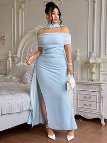 Vestido largo de fiesta elegante y ajustado con hombros descubiertos y abertura para mujer de talla grande, ideal para fiestas navideñas y ocasiones formales.Disponible en azul marino. - Celeste - Ver 6