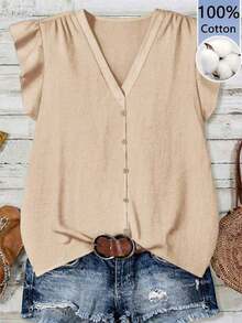 Camisa casual de vacaciones para mujer, diseño minimalista adecuado para el verano, blusa con estampado floral diminuto, camisa de verano para mujer, conjunto de vacaciones para mujer - Albaricoque 2 - Ver 1