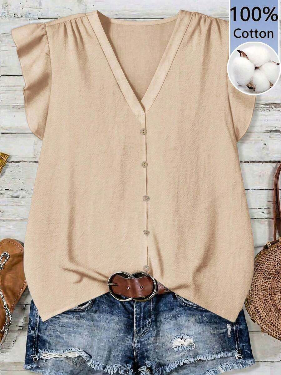 Camisa casual de vacaciones para mujer, diseño minimalista adecuado para el verano, blusa con estampado floral diminuto, camisa de verano para mujer, conjunto de vacaciones para mujer - Albaricoque 2 - Ver 1