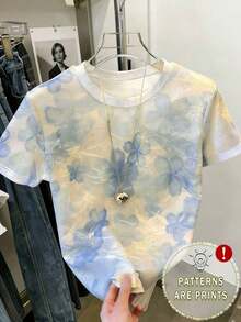 Camiseta casual de mujer con estampado de limón, camiseta gráfica con patrón de limón bordado falso de cuello redondo y estampado digital todo sobre - Multicolor 6 - Ver 4