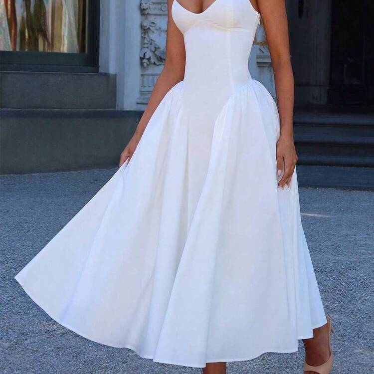 Unadoll Women's Elegant White Corset Midi Dress, Sweetheart Neck Spaghetti Strap Lace-Up Back A-Line Formal Dress For Wedding & Party - Blanco - Añade 6