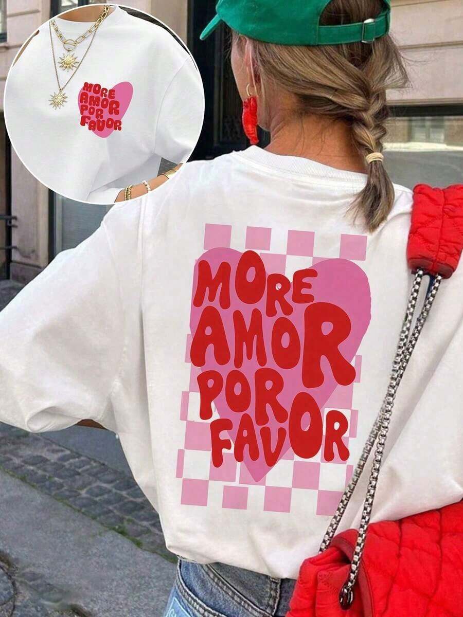 Old School2026 New Summer Blouse For Women, Retro Style "Plus Size LOVE PLEASE", Plaid Heart Print, Solid Color, Casual And Loose, Short Sleeve, Round Neck, Double-Sided Print, Cool Summer Casual T-Shirt For Women. - 白色的 - 查看 1
