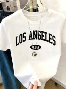 Mujer Camiseta de manga corta con estampado térmico de letras negras curvas, diseño de ciudad con letras "U.S.A", cuello redondo casual sencillo - Blanco - Ver 7