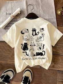 Camisetas De Calor Para MujerBlusa De Verano De Doble Cara Para Mujer - Estampado Minimalista De Arte Lineal De Gato ("Los Gatos Son Los Mejores Amigos") - Cuello Redondo - Albaricoque - Ver 2
