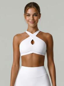 Women's Criss-Cross Halter Yoga Bra, Water Drop Hollow Back Design, Shock-Absorbing Push-Up Sports Bra For Fitness, Running And Training - White - View 4