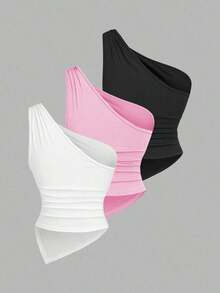 Blusa de unicolor minimalista con cuello asimétrico y hebilla de metal para mujer - Multicolor 2 - Ver 2