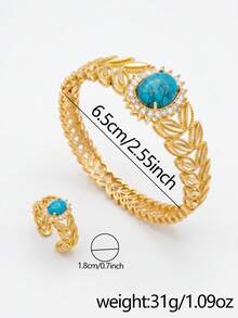 Set Gelang dan Cincin Terbuka Bertatahkan Turquoise 2 Buah, Modis dan Personal, Cocok untuk Pemakaian Sehari-hari, Hadiah. - Emas - View 2