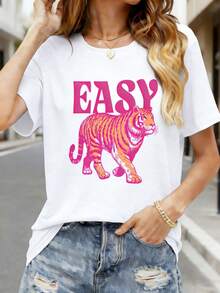 Camiseta de Tela Suave - Estilo Casual para Mujer con Estampado de Tigre EASY en Rosa. Camiseta de verano de algodón puro con cuello redondo para mujer. Top casual de manga corta. Diseño único para uso diario. Corte holgado, transpirable y suave. Perfecta para atuendos de vacaciones y días de descanso. Camiseta de moda. - Blanco - Ver 1