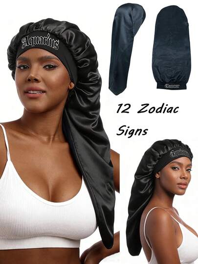 1 pieza Gorro unisex con estampado de "Los 12 signos del zodíaco", gorro de dormir largo para mujeres, gorro de satén con ala suave con banda elástica, cobertor de cabeza para dormir, gorra de protección capilar transpirable para cabello rizado, accesorio de ropa de dormir para damas para protección del cabello, uso diario para lavado de cara y maquillaje