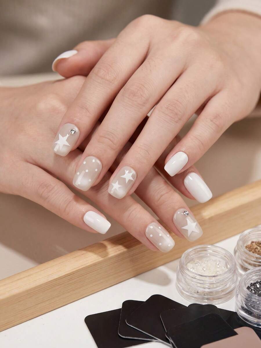 30pcs Trapezoid Artificial Nails With Minimalist Star Rhinestone Design, Suitable For Party, Holiday And Daily Use, Comes With 1 Bottle Of Jelly Glue And 1 Piece Of Friction Strip - Multicolor - View 1