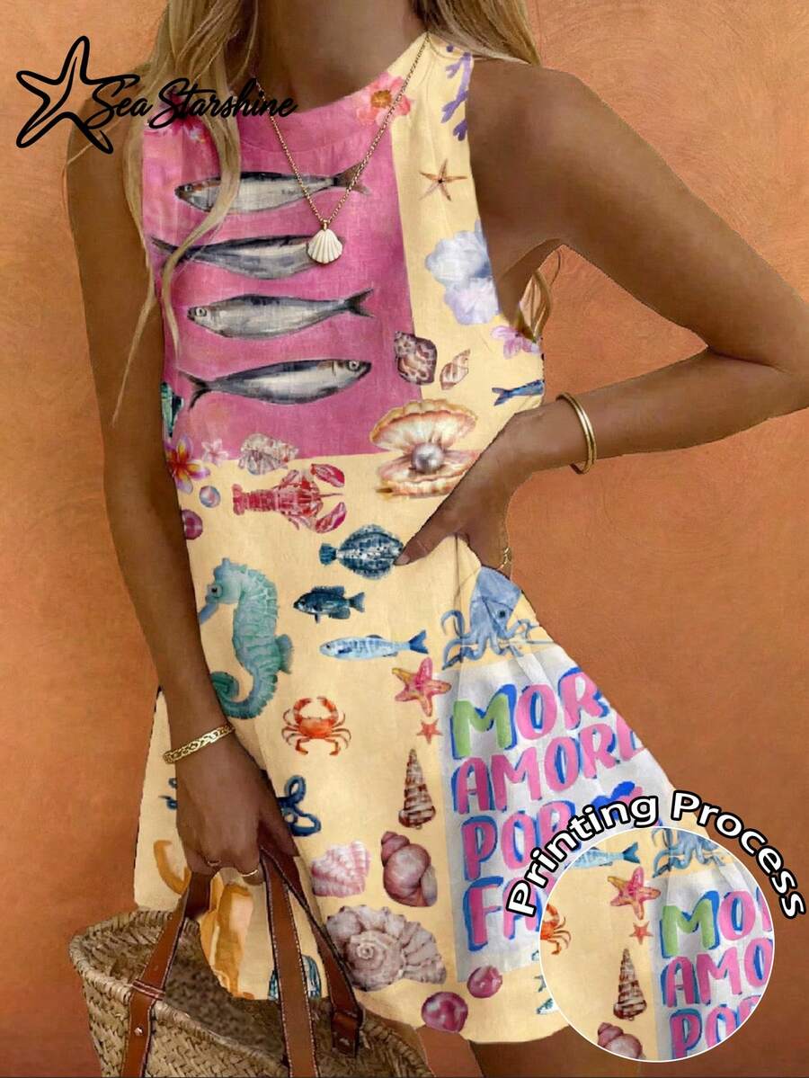 Estrella de mar brillante Primavera/Verano Moda de mujer: Estilo de vacaciones y casual | Estampado de sardina tropical | Mundo submarino vibrante | Vestido con estampado de letras - Albaricoque - Ver 1