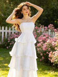 Vestido midi elegante para fiesta, sin tirantes, volantes, falda pastel, perfecto para verano y vacaciones - Blanco - Ver 1