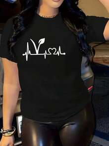 Camiseta Vintage de Algodón Puro para Mujer con Estampado de Latidos del Corazón, Cuello Redondo Casual, Manga Corta, Suave y Transpirable para Uso Diario, Tallas Disponibles, Camiseta Básica Negra para Verano, Diseño de Letras y Hojas, Corte Holgado para Ropa Casual. - Negro - Ver 7