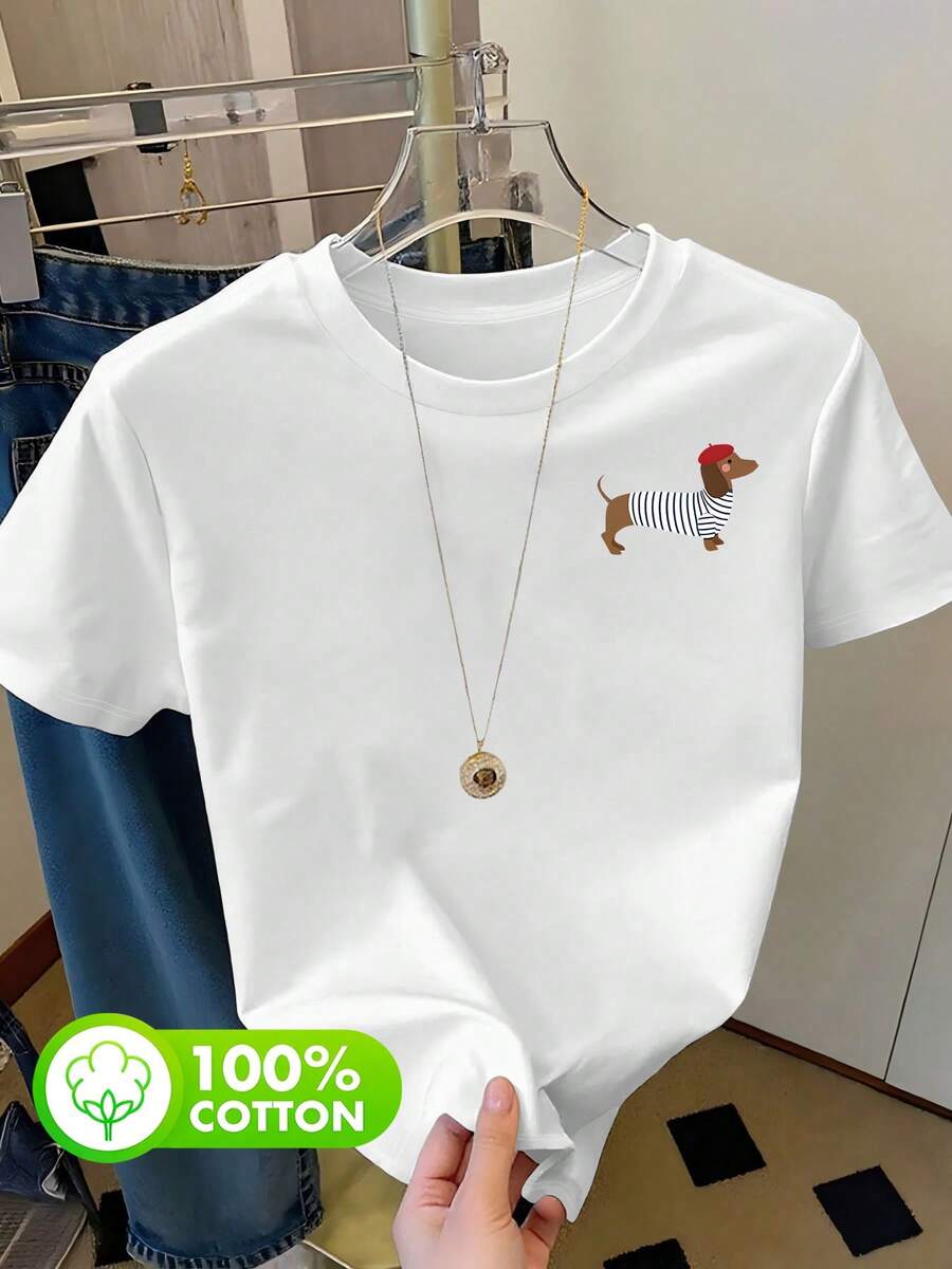 大码女式度假旅行100%纯棉可爱腊肠犬图案圆领短袖休闲简约夏季女式白色上衣T恤 - 白色 - 查看 1
