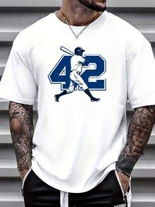 Men's Vintage Baseball Player Print T-Shirt - Nostalgic Jersey Style, Soft 180g Pure Cotton T-Shirt, Suitable For Independence Day, Sports Gifts, Everyday Casual Wear, And Year-Round Wear, Machine Washable Crew Neck T-Shirt. GU48 - 白色 - 查看 1