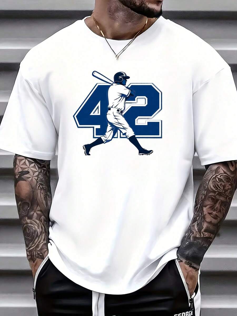Men's Vintage Baseball Player Print T-Shirt - Nostalgic Jersey Style, Soft 180g Pure Cotton T-Shirt, Suitable For Independence Day, Sports Gifts, Everyday Casual Wear, And Year-Round Wear, Machine Washable Crew Neck T-Shirt. GU48 - 白色 - 查看 1